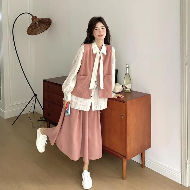 新款甜美高级感马甲半身裙三件套女时尚春季新款超好看衬衫三件套