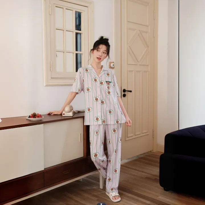 芬腾睡衣夏天夏季时尚休闲雪丝短袖大码长裤女士家居服套装薄款