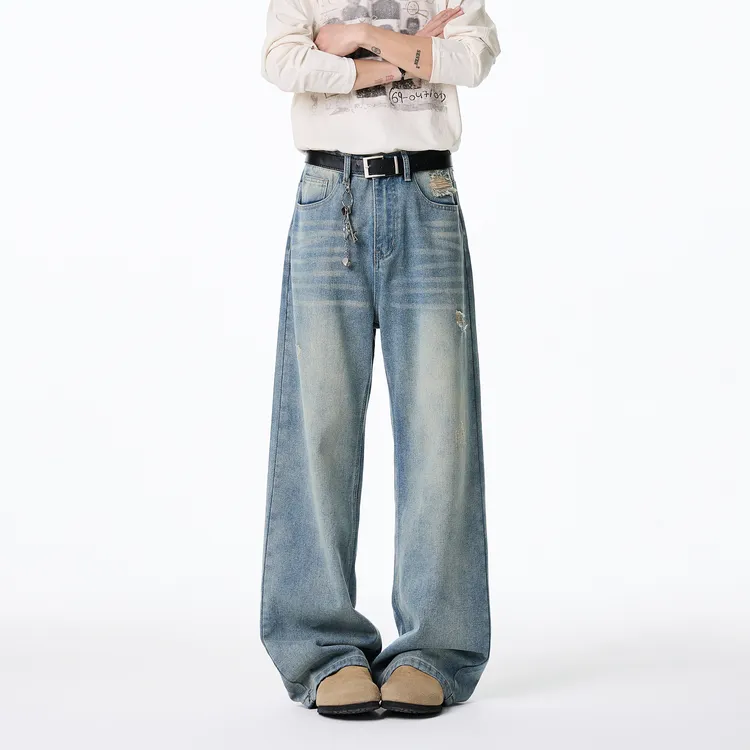 高街水洗复古蓝破洞牛仔裤男2025春季新款美式宽松直筒微喇长裤子