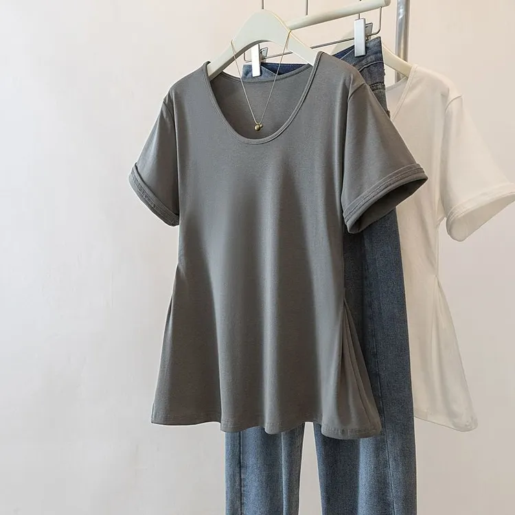 大码胖mm200斤气质圆领正肩短袖t恤女夏季小众设计感修身显瘦上衣