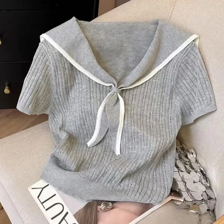 大码针织衫女2025夏季爆款计感小众海军领减龄修身冰丝正肩上衣