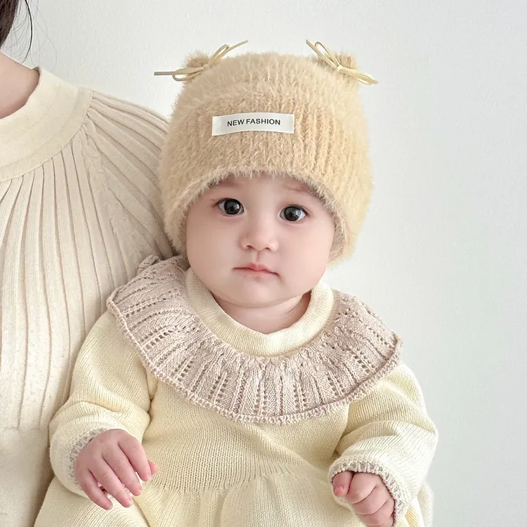 【小布丁】女宝宝帽子秋冬季保暖针织套头帽儿童出游防风毛绒毛线帽