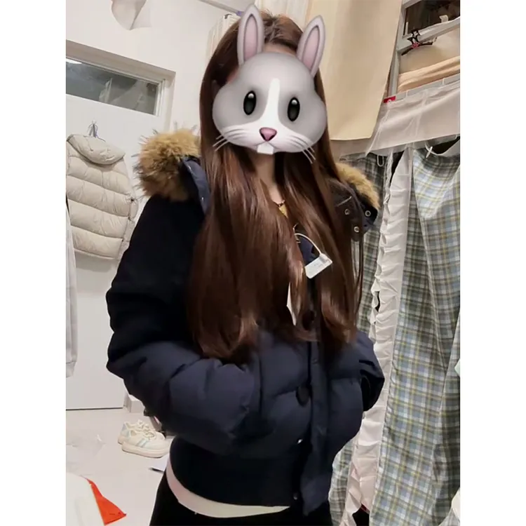 韩系藏青色毛领连帽棉服外套女冬季新款加厚保暖时尚显瘦短款棉衣