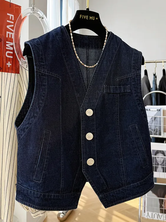 高级感复古蓝色V领牛仔马甲女春秋时髦洋气外穿短款无袖坎肩背心