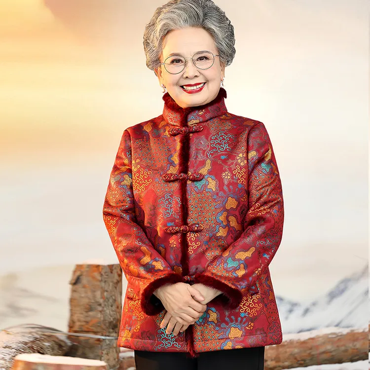 奶奶冬装洋气外套妈妈喜服婚礼老太太皮毛一体60岁70老年人女冬季