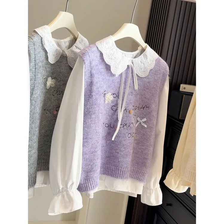 2025秋季新款日系小清新甜美花朵针织衫马甲+蕾丝领衬衫女两件套