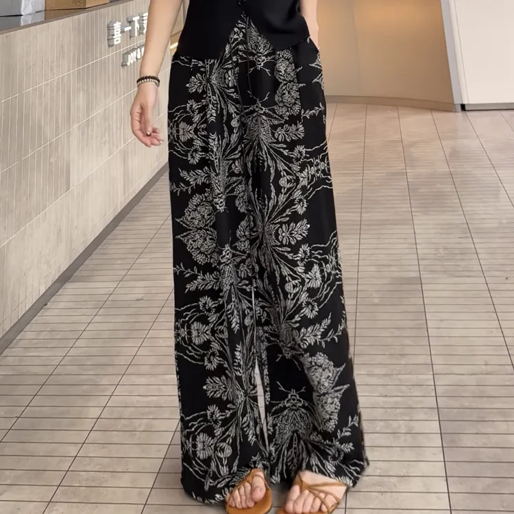 老钱风夏季新款时尚休闲百搭高腰宽松花色阔腿裤
