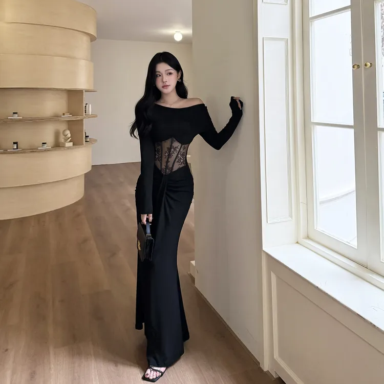 法式一字肩御姐网纱拼接连衣裙秋冬名媛气质内搭收腰显瘦包臀长裙