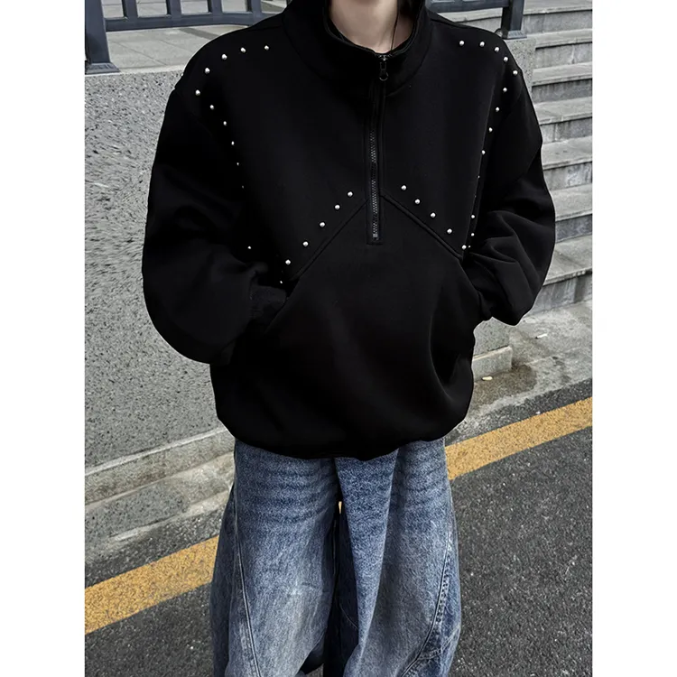 设计感铆钉高街卫衣男女半拉链大码痞帅上衣秋季美式重磅硬挺外套