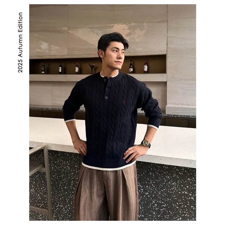 ZICHENG 经典麻花纹理【绵羊毛】亨利领纽扣系列秋冬针织衫套头毛衣