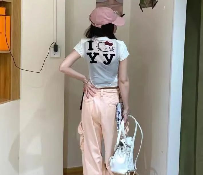 大码女装纯欲KT背面网纱植绒图案垫肩短袖胖mm遮肉显瘦半袖小衫