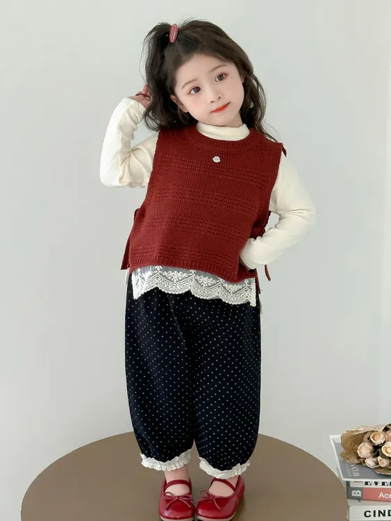  女童秋装套装2025儿童秋款套装洋气花边马甲宝宝打底裤子三件套
