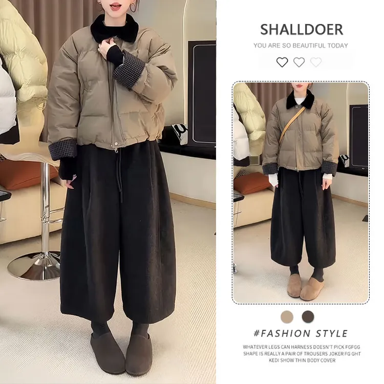 2025新款设计感撞色棉服保暖休闲裤两件套洋气时髦套装