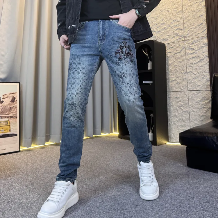 秋冬男牛仔裤修身小脚欧货烫钻百搭时尚轻奢个性潮流蓝色牛仔裤