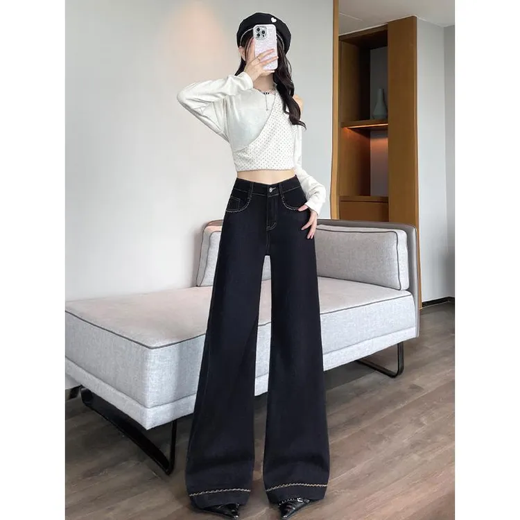 黑金色小个子阔腿牛仔裤女爆款高腰气质百搭显瘦弹力直筒微喇叭裤