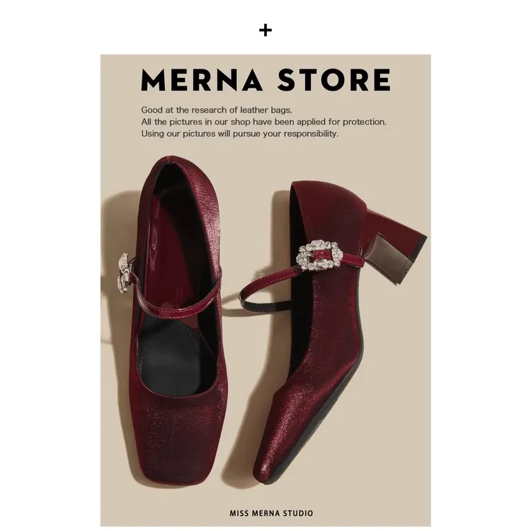 酒红色方头方根高跟鞋气质水钻扣带玛丽珍鞋法式粗跟公主风新娘鞋