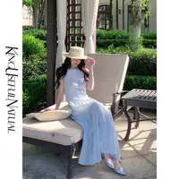 KUN【舒芙蕾】银丝小香 重工亮片蕾丝假两件连衣裙女夏季A字长裙子