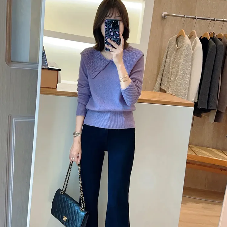 韩版时尚大翻领针织衫毛衣女外穿2025秋冬新款宽松慵懒风减龄上衣