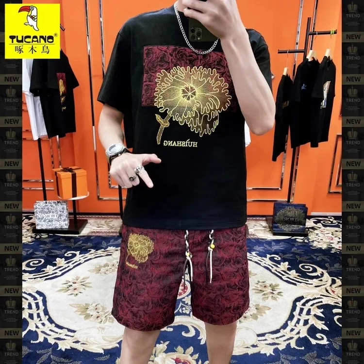 TUCANO/啄木鳥男士潮牌2025新款夏季男装短袖T恤时尚短裤刺绣套装
