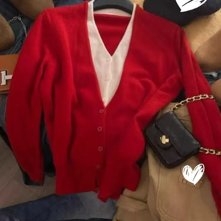 韩系红色假两件针织开衫女新年氛围感慵懒风宽松内搭撞色上衣