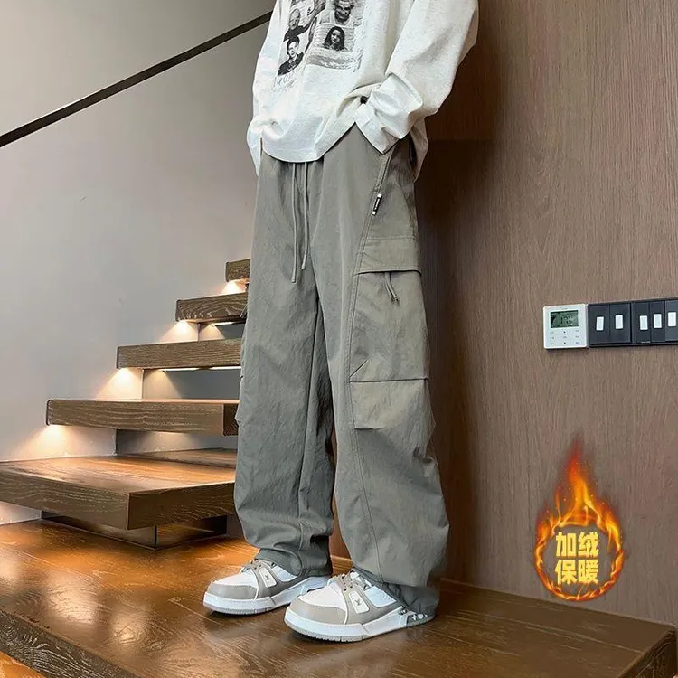 美式复古大口袋抽绳工装裤男2025秋冬加绒宽松设计感裤子休闲长裤