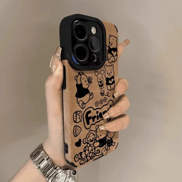 维尼熊适用苹果16promax手机壳新款男女彩绘iphone15pro翻毛皮14