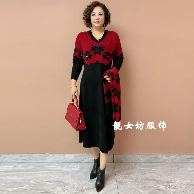 秋冬中年妈妈提花针织连衣裙宽松休闲遮肚子中长款弹力打底毛衣裙