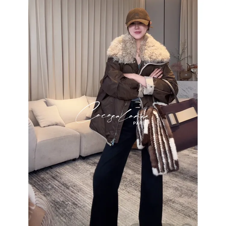 韩彬彬"巴黎鹅绒"90白鹅绒拼接托斯卡纳羊羔毛秋冬款羽绒服3224-8