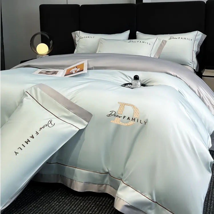 水星家纺高档A类160支全棉纯棉四件套被套轻奢简约纯色欧式床笠款
