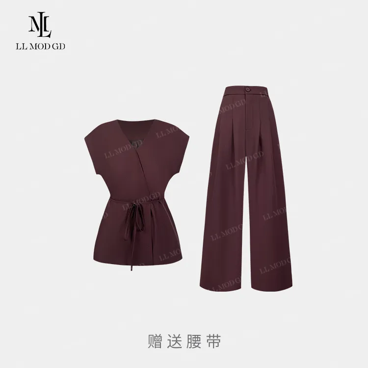 有张有弛 宽松利落V领系带收腰衬衫+休闲裤醋酸两件套YL-262321