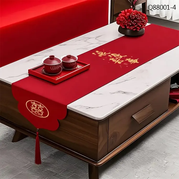 布置结婚婚房桌旗中式红色印花茶几桌旗喜庆 结婚茶几盖布 场景