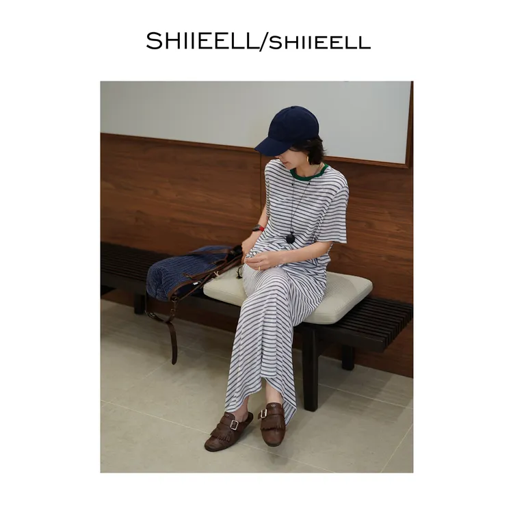 SHIIEELL老钱航海风宽松棉质修身显瘦时尚休闲条纹T套装Z606L
