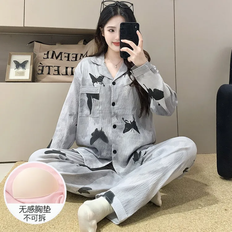 云朵棉睡衣女春秋季长袖大码带胸垫2025新款黑蝴蝶套装冬天家居服