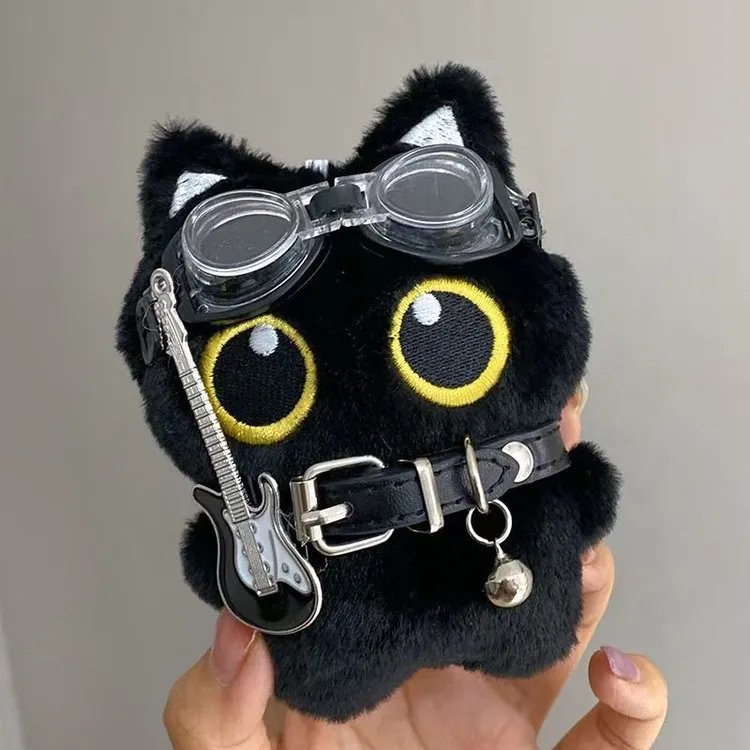 个性小众可爱朋克小黑猫玩偶包包挂件摇滚项圈吉他毛绒玩具钥匙扣