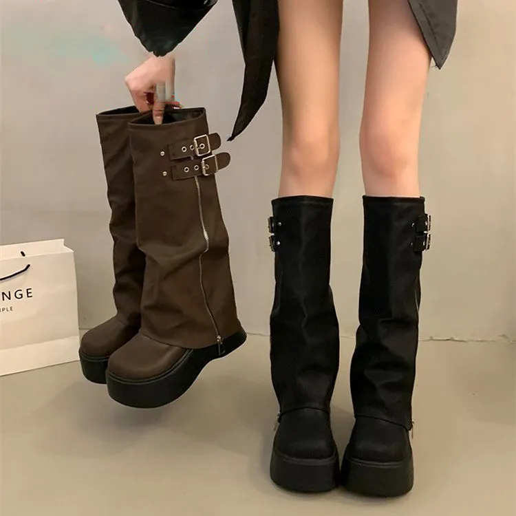 【扣山黑咖】厚底裤管靴西部骑士靴爆款长筒靴女不过膝瘦瘦高筒靴