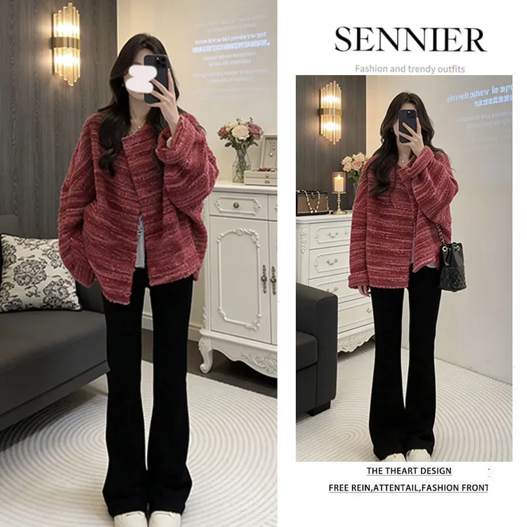 【现货】韩系穿搭2025秋季新款百搭高级感宽松外套显瘦微喇裤三件套