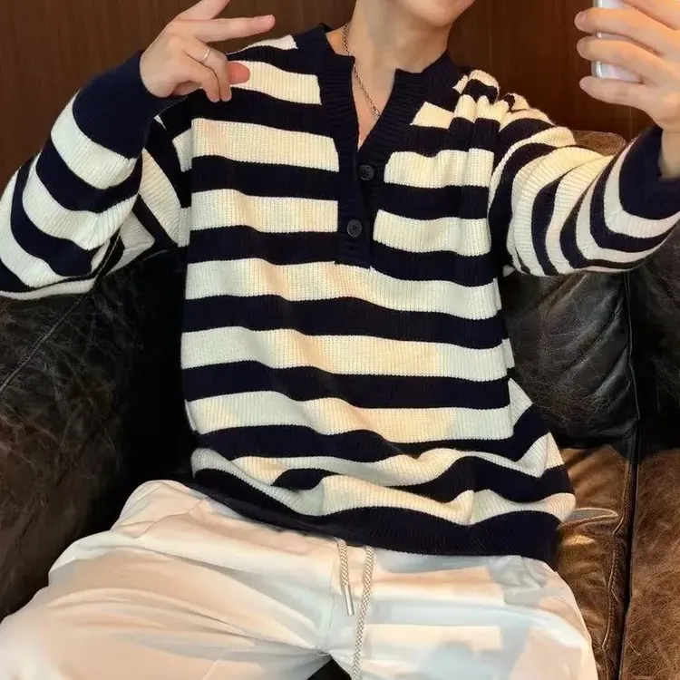 lusen秋冬上新宽松型氛围感蓝白条纹毛衣针织衫v领男女款百搭针织