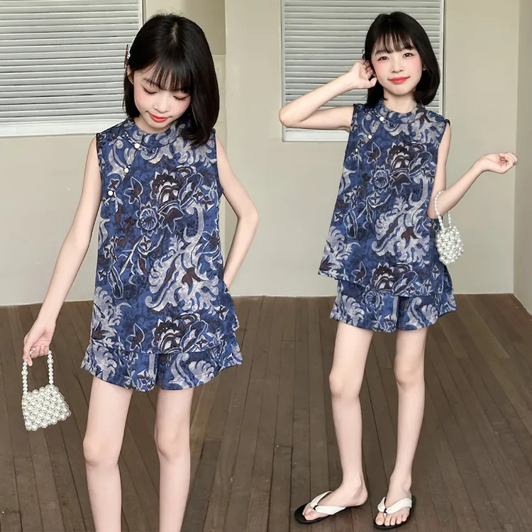 女童夏季无袖宽松青花瓷套装2025新款小女孩6-12岁时尚洋气两件套