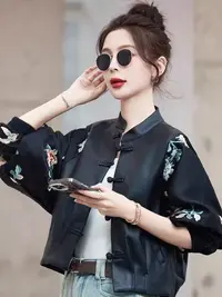 532轻职风长袖中国风拼接刺绣皮衣短款气质外套民族风