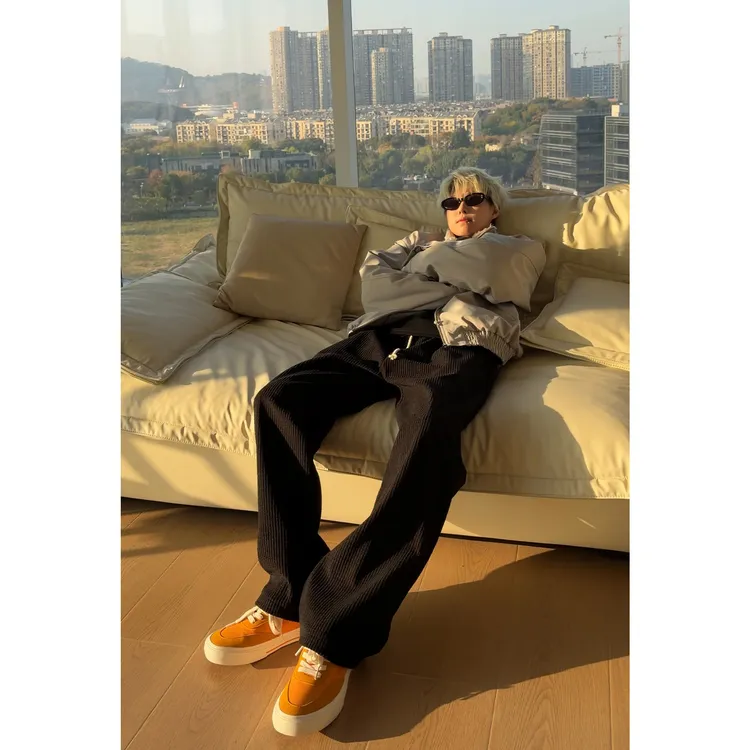 秋冬加绒加厚玉米纹卫裤保暖百搭长裤男裤复古阔腿垂感设计感