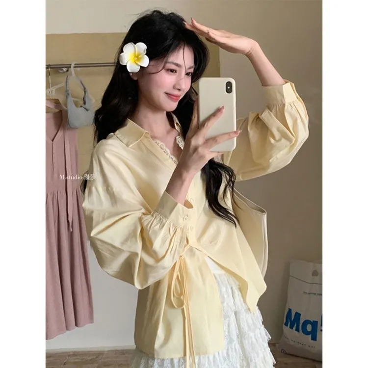 黄色衬衫外套女秋季新款不规则系带蕾丝拼接开衫衬衣宽松长袖上衣