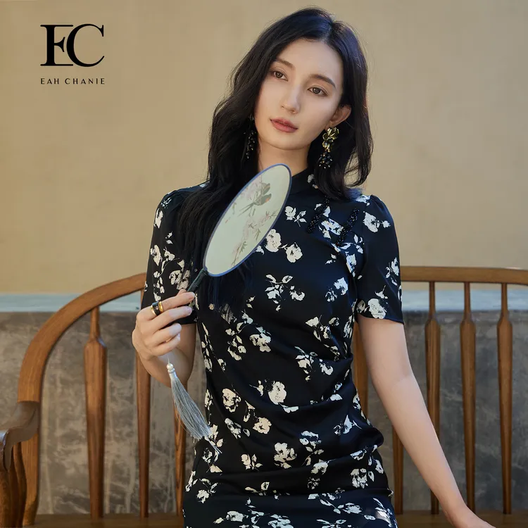 EAH CHANIE桑蚕丝国风盘扣印花连衣裙设计感立领旗袍裙9739DL329