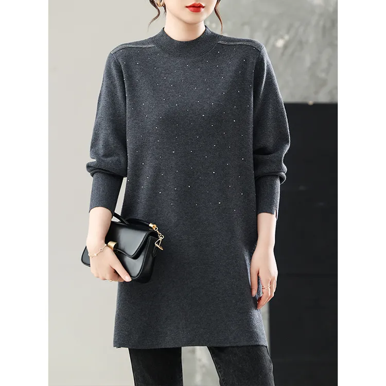 3220#时尚镶钻半高领毛衣女秋冬中长款打底衫宽松大码女装A字裙