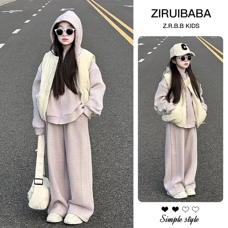 女童韩版冬季套装2026新款女孩洋气马甲三件套儿童加绒加厚运动服