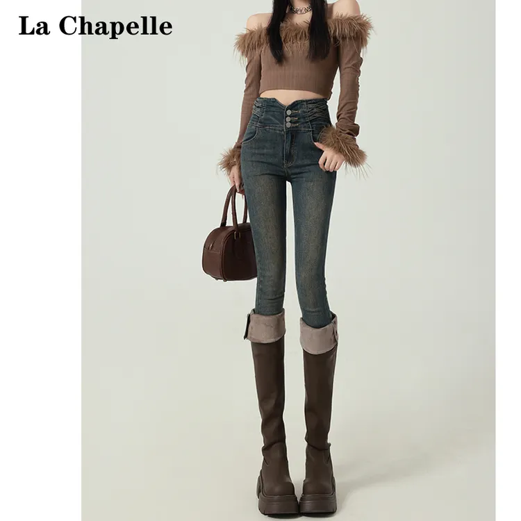 拉夏贝尔复古辣妹高腰牛仔裤女2025秋冬紧身弹力加绒小脚铅笔裤