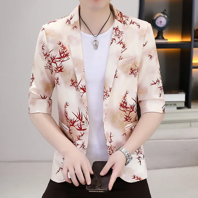 欧洲站高档时尚夏季爆品七分中袖小西装休闲潮流百搭男士西服外套