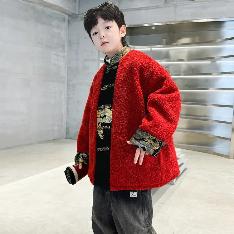 男童秋冬季外套加绒加厚2025新款中大童冬装儿童拜年服红色毛毛衣
