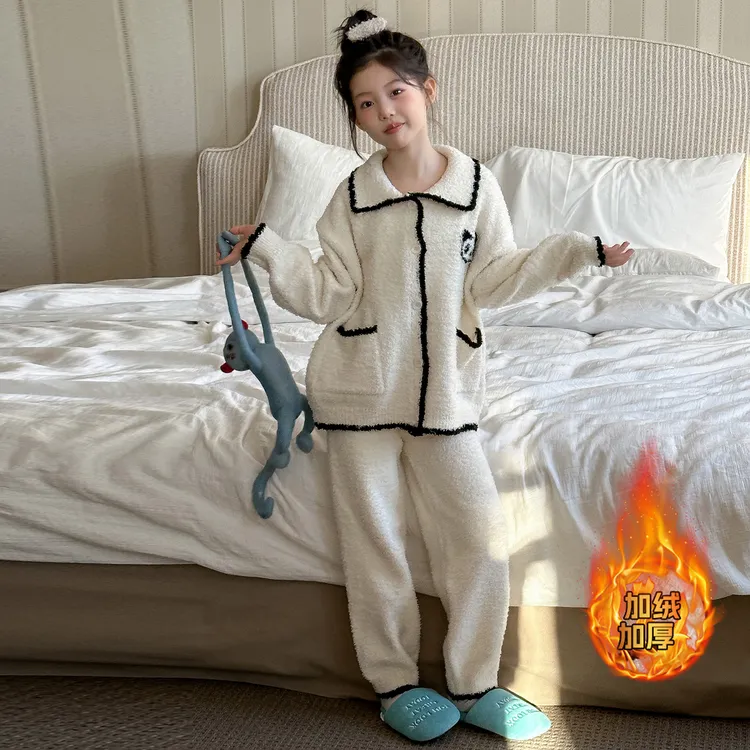 女童睡衣2025新款冬季加绒儿童高端半边绒家居服女大童珊瑚绒套装