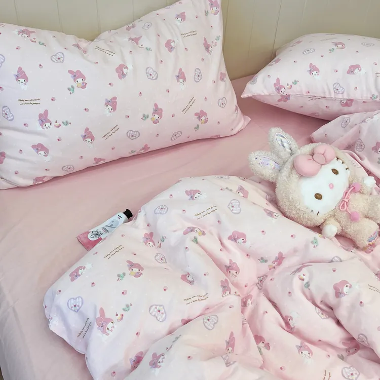 全棉双层纱床上四件套三丽鸥纯棉被套女宿舍床单三件套床笠款床品