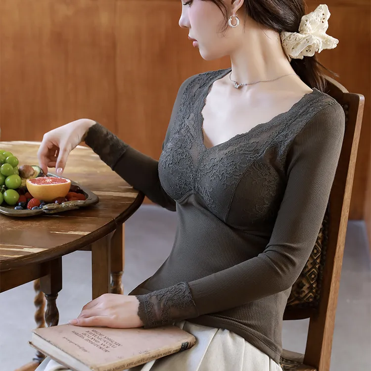 秋冬新款固定杯保暖背心蕾丝花边超柔一体婴儿绒加厚可外穿打底衣